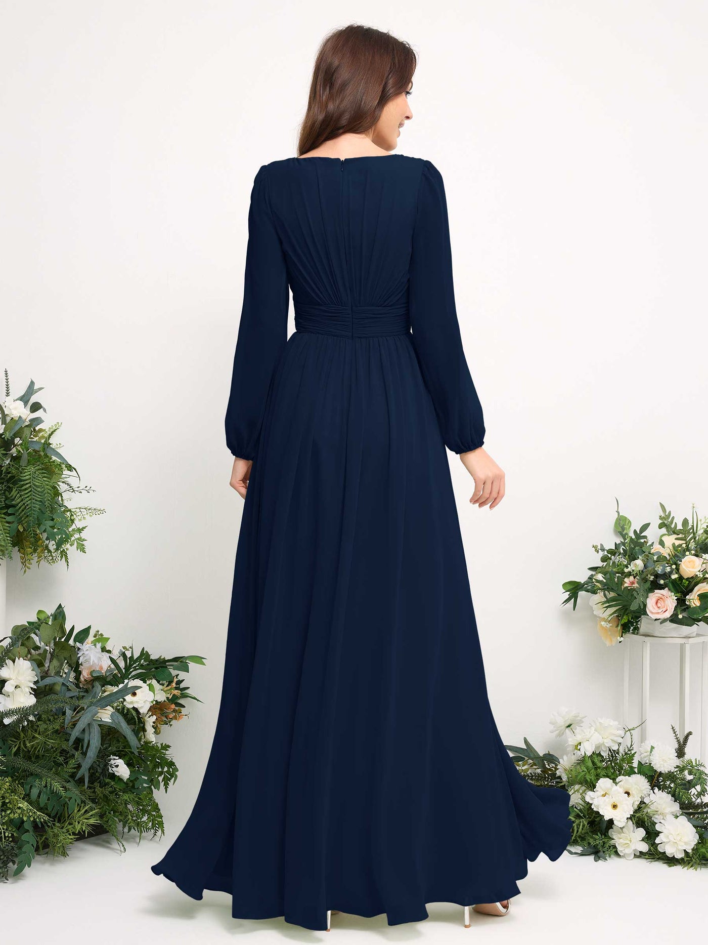 Carlyna A-Linien-Kleid mit U-Boot-Ausschnitt Chiffon Langarmkleid für Brautjungfer Marineblau #farbe_marineblau