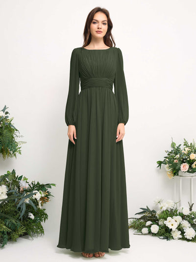Carlyna A-Linien-Kleid mit U-Boot-Ausschnitt Chiffon Langarmkleid für Brautjungfer Martini-Olive #farbe_martini-olive