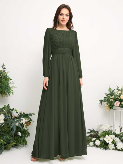 Carlyna A-Linien-Kleid mit U-Boot-Ausschnitt Chiffon Langarmkleid für Brautjungfer Martini-Olive #farbe_martini-olive