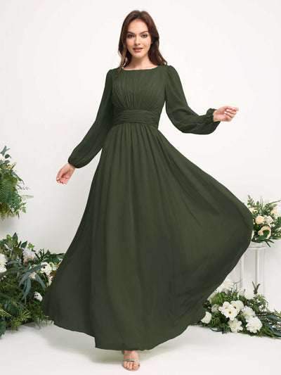 Carlyna A-Linien-Kleid mit U-Boot-Ausschnitt Chiffon Langarmkleid für Brautjungfer Martini-Olive #farbe_martini-olive