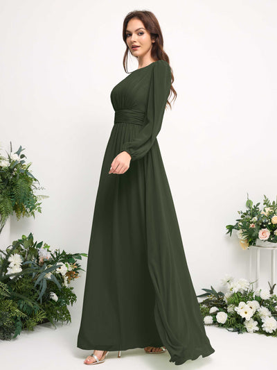 Carlyna A-Linien-Kleid mit U-Boot-Ausschnitt Chiffon Langarmkleid für Brautjungfer Martini-Olive #farbe_martini-olive