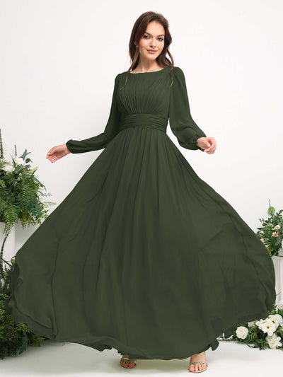 Carlyna A-Linien-Kleid mit U-Boot-Ausschnitt Chiffon Langarmkleid für Brautjungfer Martini-Olive #farbe_martini-olive