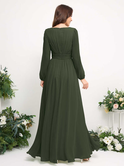 Carlyna A-Linien-Kleid mit U-Boot-Ausschnitt Chiffon Langarmkleid für Brautjungfer Martini-Olive #farbe_martini-olive