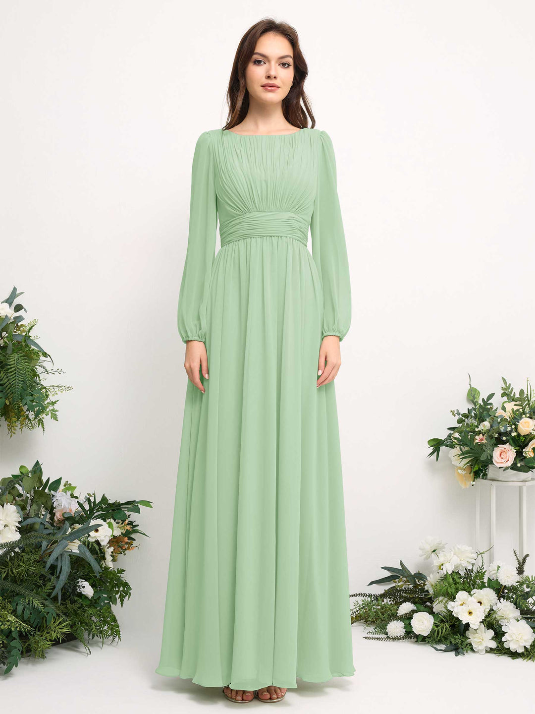 Carlyna A-Linien-Kleid mit U-Boot-Ausschnitt Chiffon Langarmkleid für Brautjungfer Minzgrün 