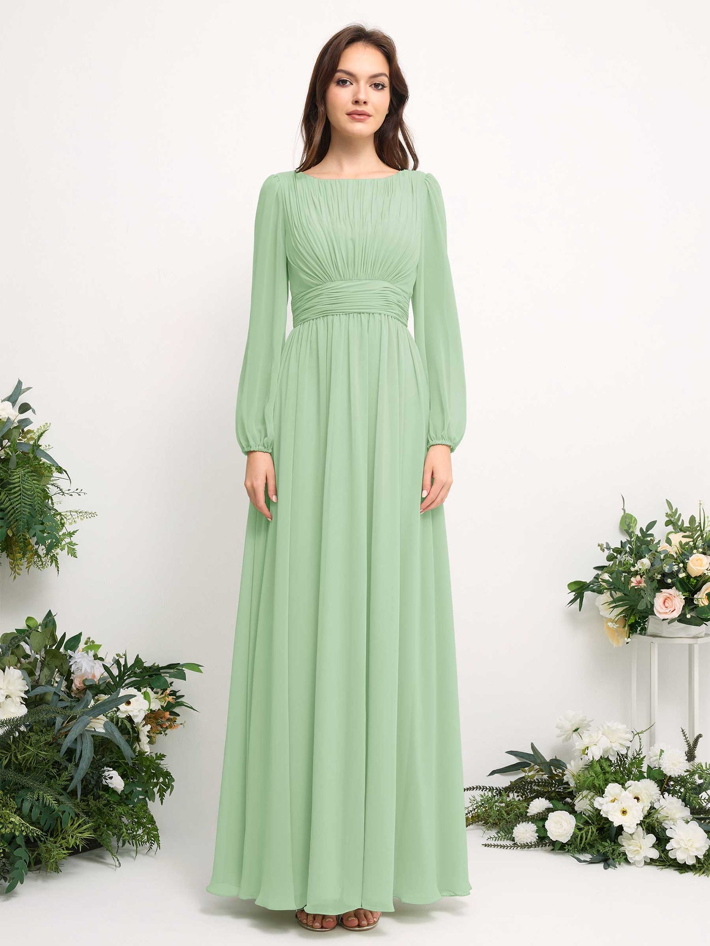 Carlyna A-Linien-Kleid mit U-Boot-Ausschnitt Chiffon Langarmkleid für Brautjungfer Minzgrün #farbe_minzgr-n