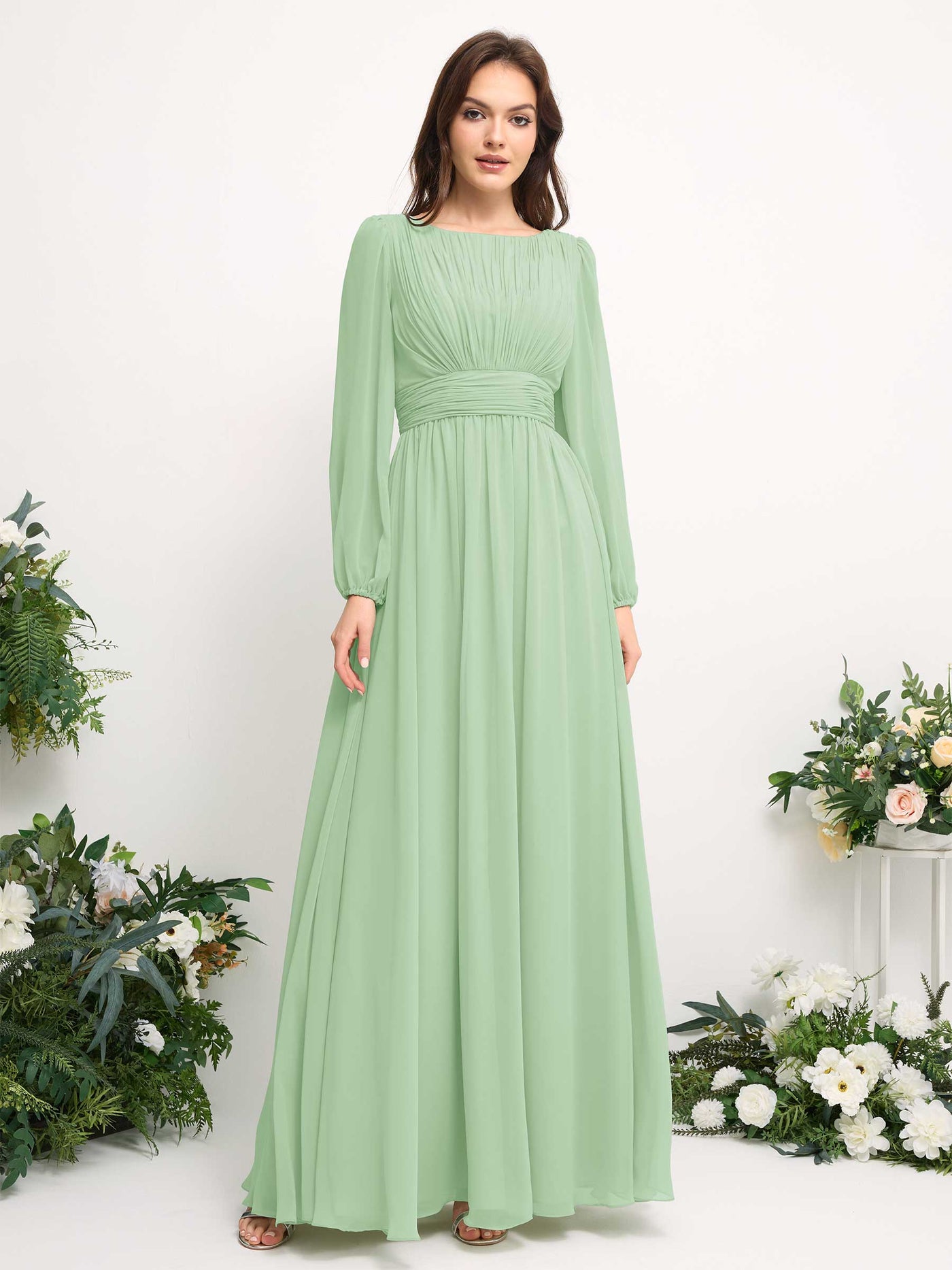 Carlyna A-Linien-Kleid mit U-Boot-Ausschnitt Chiffon Langarmkleid für Brautjungfer Minzgrün #farbe_minzgr-n