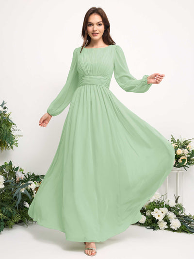 Carlyna A-Linien-Kleid mit U-Boot-Ausschnitt Chiffon Langarmkleid für Brautjungfer Minzgrün #farbe_minzgr-n