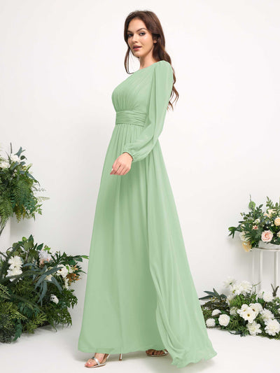 Carlyna A-Linien-Kleid mit U-Boot-Ausschnitt Chiffon Langarmkleid für Brautjungfer Minzgrün #farbe_minzgr-n