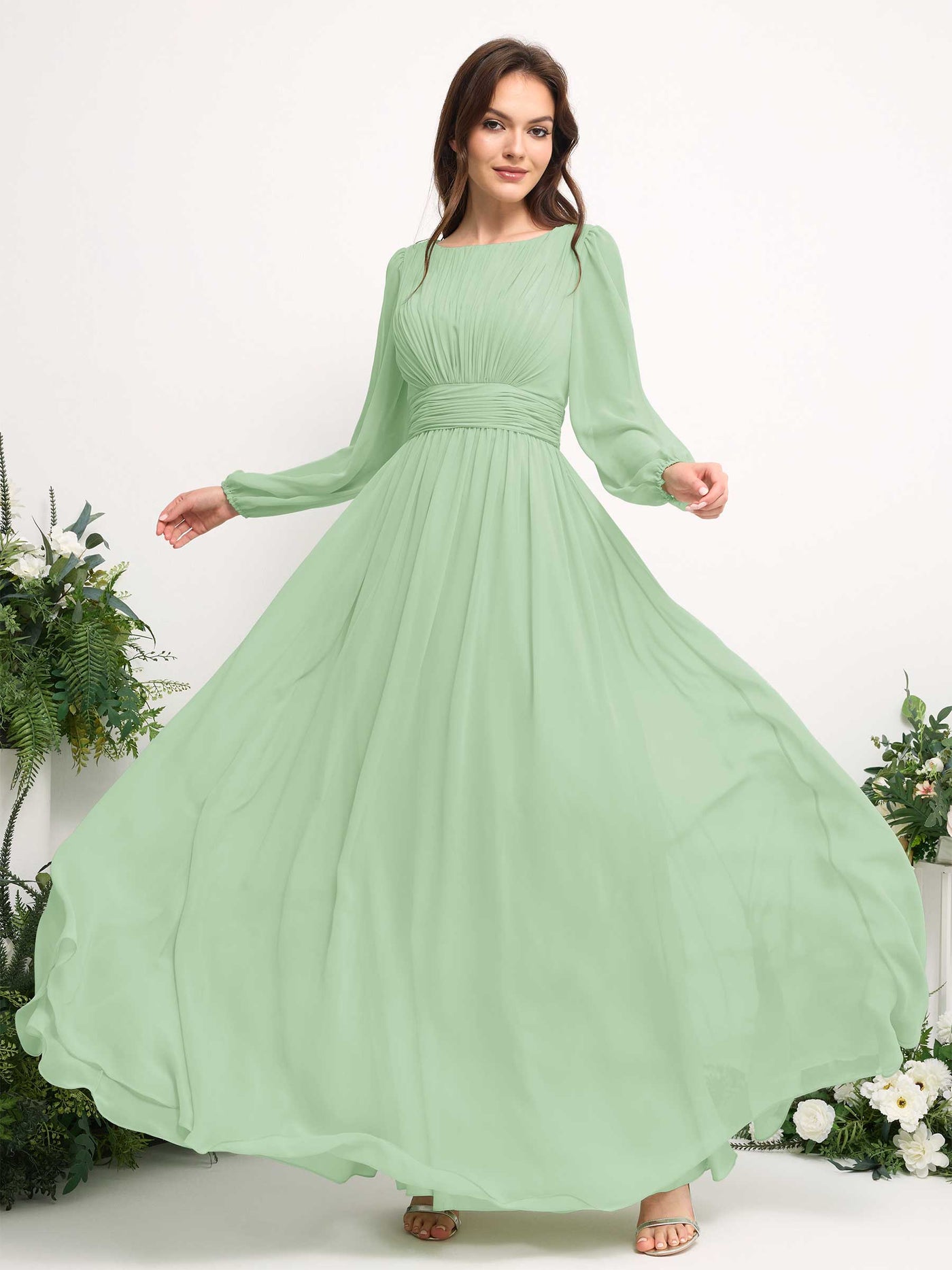 Carlyna A-Linien-Kleid mit U-Boot-Ausschnitt Chiffon Langarmkleid für Brautjungfer Minzgrün #farbe_minzgr-n