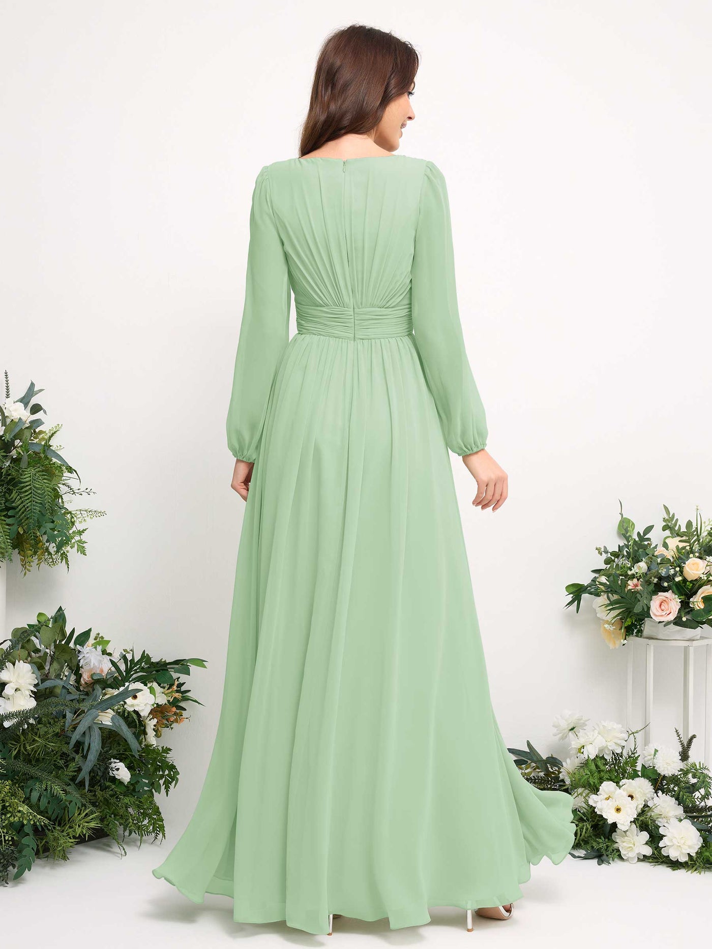 Carlyna A-Linien-Kleid mit U-Boot-Ausschnitt Chiffon Langarmkleid für Brautjungfer Minzgrün #farbe_minzgr-n