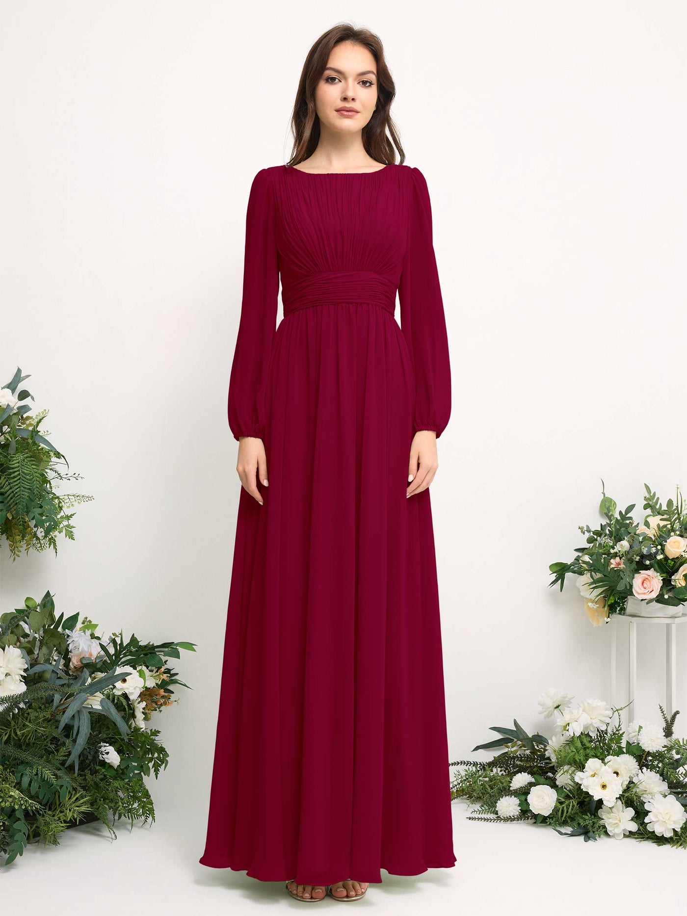 Carlyna A-Linien-Kleid mit U-Boot-Ausschnitt Chiffon Langarmkleid für Brautjungfer Narrenrot #farbe_narrenrot