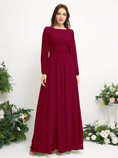 Carlyna A-Linien-Kleid mit U-Boot-Ausschnitt Chiffon Langarmkleid für Brautjungfer Narrenrot #farbe_narrenrot