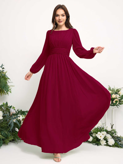 Carlyna A-Linien-Kleid mit U-Boot-Ausschnitt Chiffon Langarmkleid für Brautjungfer Narrenrot #farbe_narrenrot
