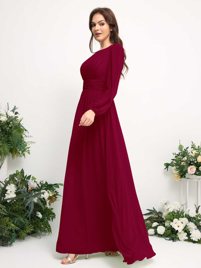 Carlyna A-Linien-Kleid mit U-Boot-Ausschnitt Chiffon Langarmkleid für Brautjungfer Narrenrot #farbe_narrenrot