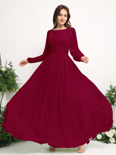 Carlyna A-Linien-Kleid mit U-Boot-Ausschnitt Chiffon Langarmkleid für Brautjungfer Narrenrot #farbe_narrenrot