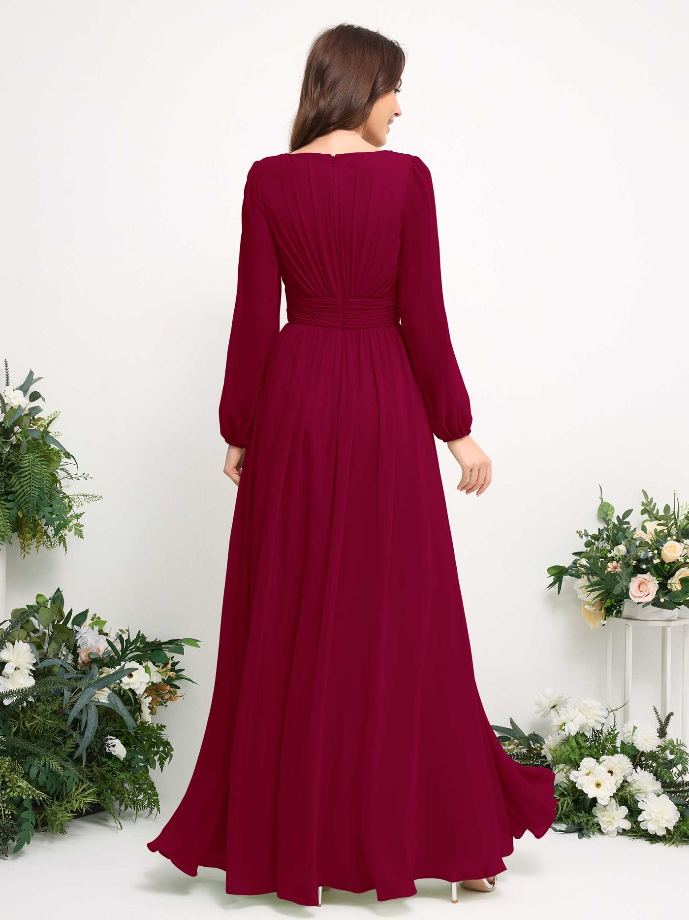 Carlyna A-Linien-Kleid mit U-Boot-Ausschnitt Chiffon Langarmkleid für Brautjungfer Narrenrot #farbe_narrenrot