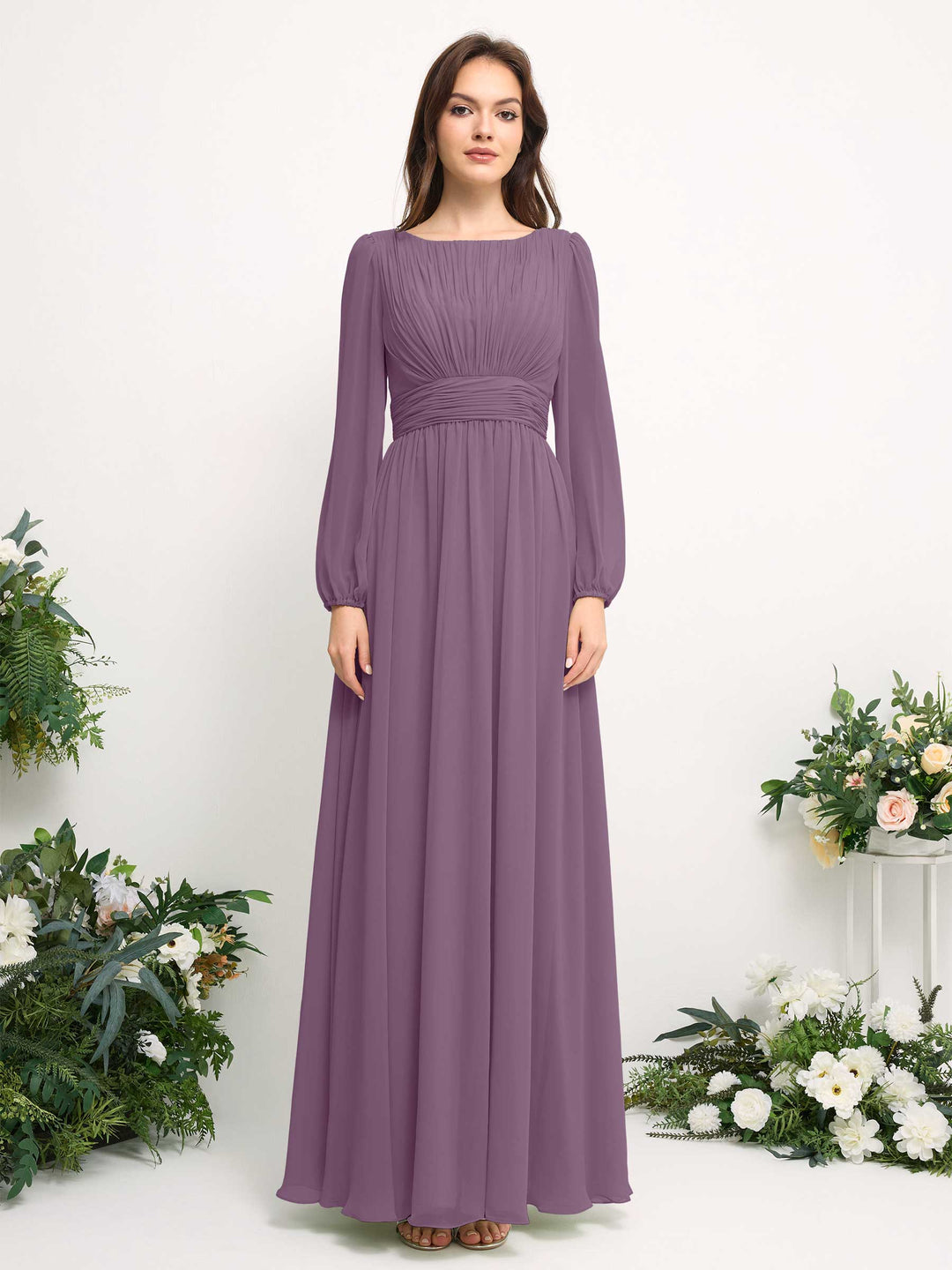 Carlyna A-Linien-Kleid mit U-Boot-Ausschnitt Chiffon Langarmkleid für Brautjungfer Orchideen-Nebel 