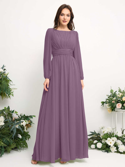 Carlyna A-Linien-Kleid mit U-Boot-Ausschnitt Chiffon Langarmkleid für Brautjungfer Orchideen-Nebel #farbe_orchideen-nebel
