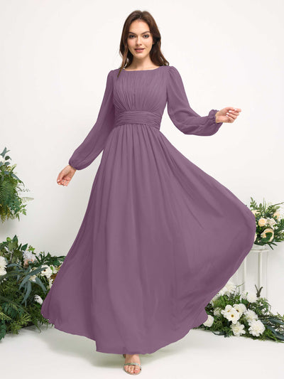 Carlyna A-Linien-Kleid mit U-Boot-Ausschnitt Chiffon Langarmkleid für Brautjungfer Orchideen-Nebel #farbe_orchideen-nebel