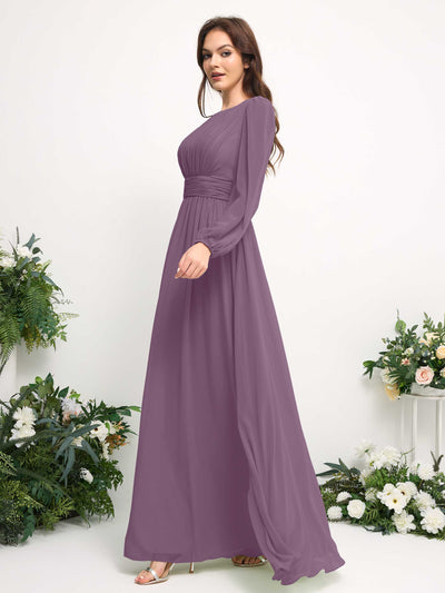 Carlyna A-Linien-Kleid mit U-Boot-Ausschnitt Chiffon Langarmkleid für Brautjungfer Orchideen-Nebel #farbe_orchideen-nebel