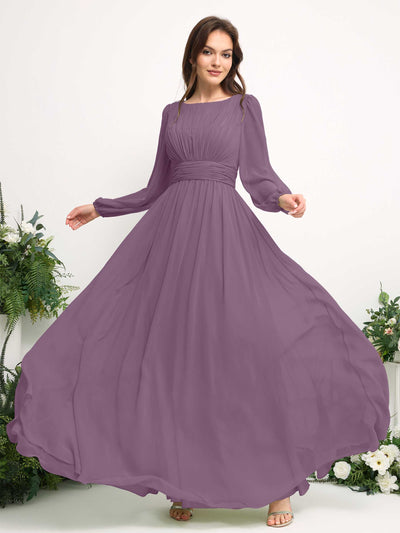 Carlyna A-Linien-Kleid mit U-Boot-Ausschnitt Chiffon Langarmkleid für Brautjungfer Orchideen-Nebel #farbe_orchideen-nebel