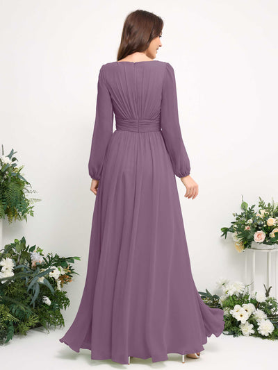 Carlyna A-Linien-Kleid mit U-Boot-Ausschnitt Chiffon Langarmkleid für Brautjungfer Orchideen-Nebel #farbe_orchideen-nebel