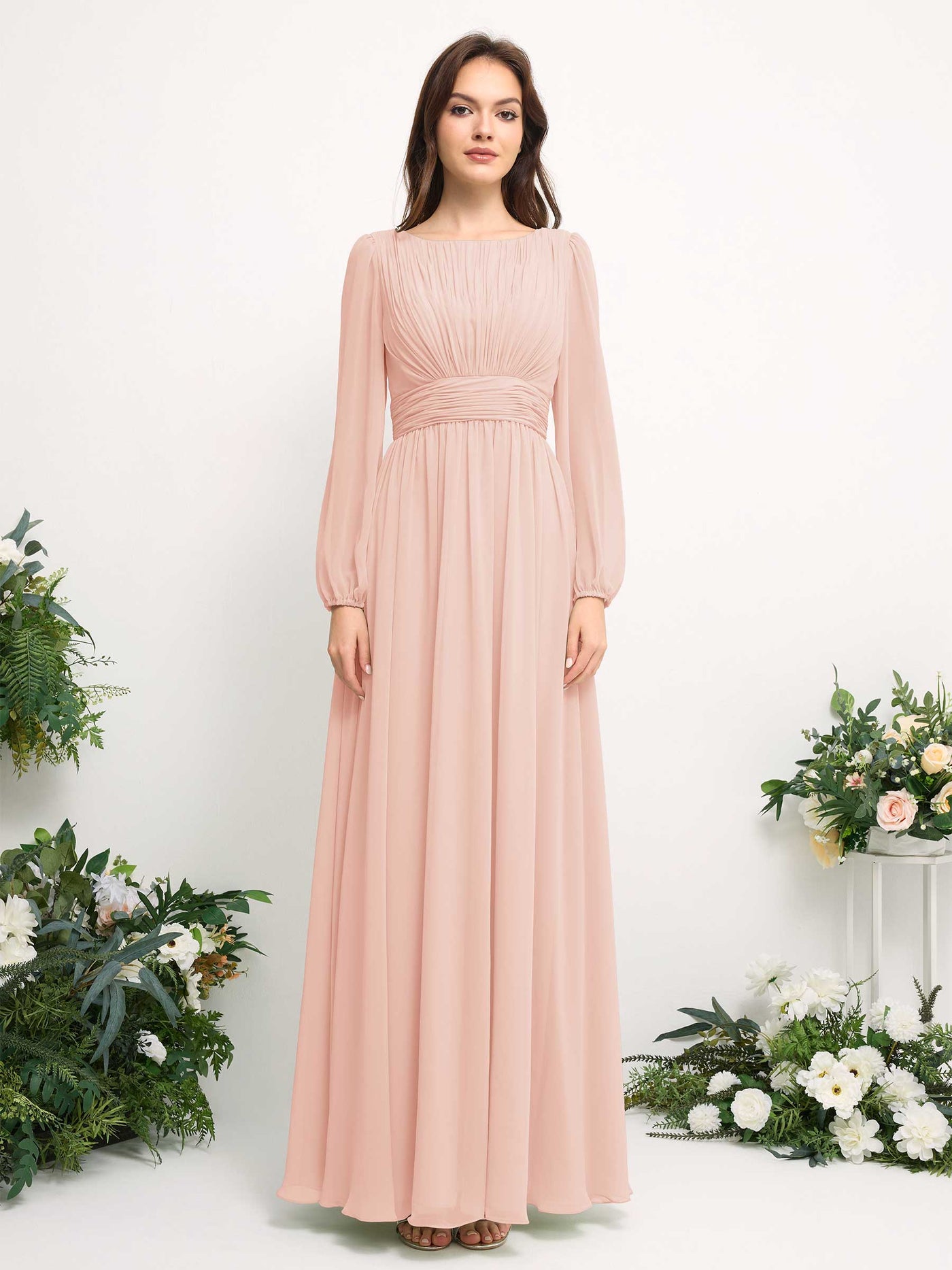 Carlyna A-Linien-Kleid mit U-Boot-Ausschnitt Chiffon Langarmkleid für Brautjungfer Perlrosa #farbe_perlrosa