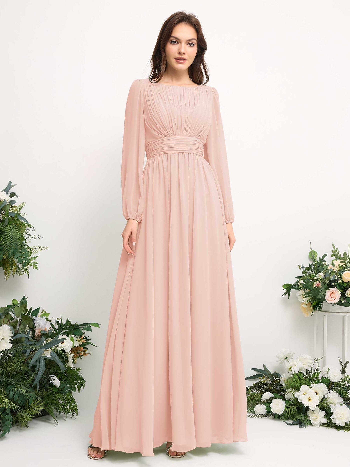 Carlyna A-Linien-Kleid mit U-Boot-Ausschnitt Chiffon Langarmkleid für Brautjungfer Perlrosa #farbe_perlrosa