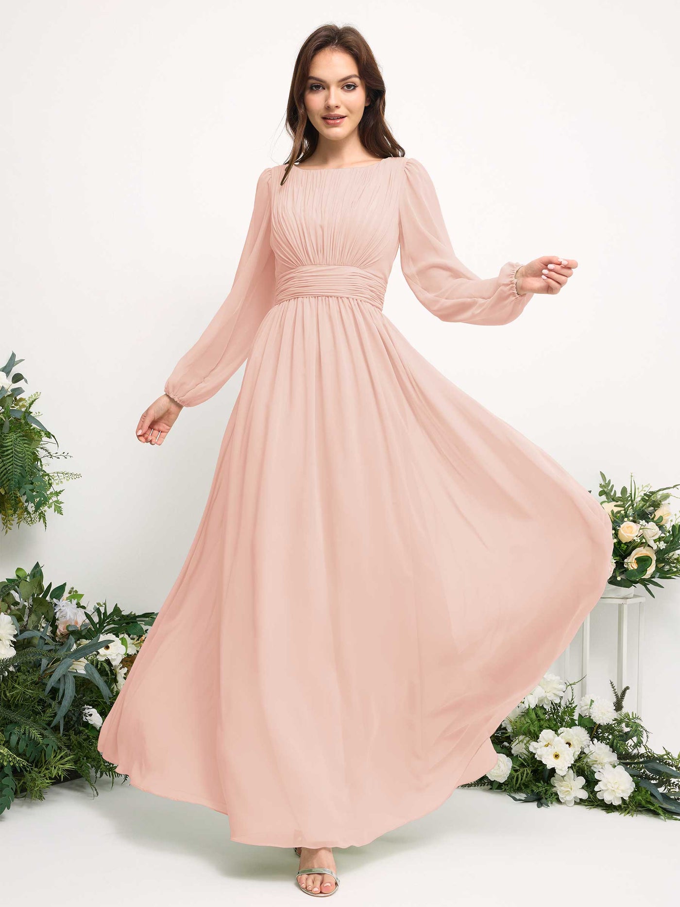 Carlyna A-Linien-Kleid mit U-Boot-Ausschnitt Chiffon Langarmkleid für Brautjungfer Perlrosa #farbe_perlrosa