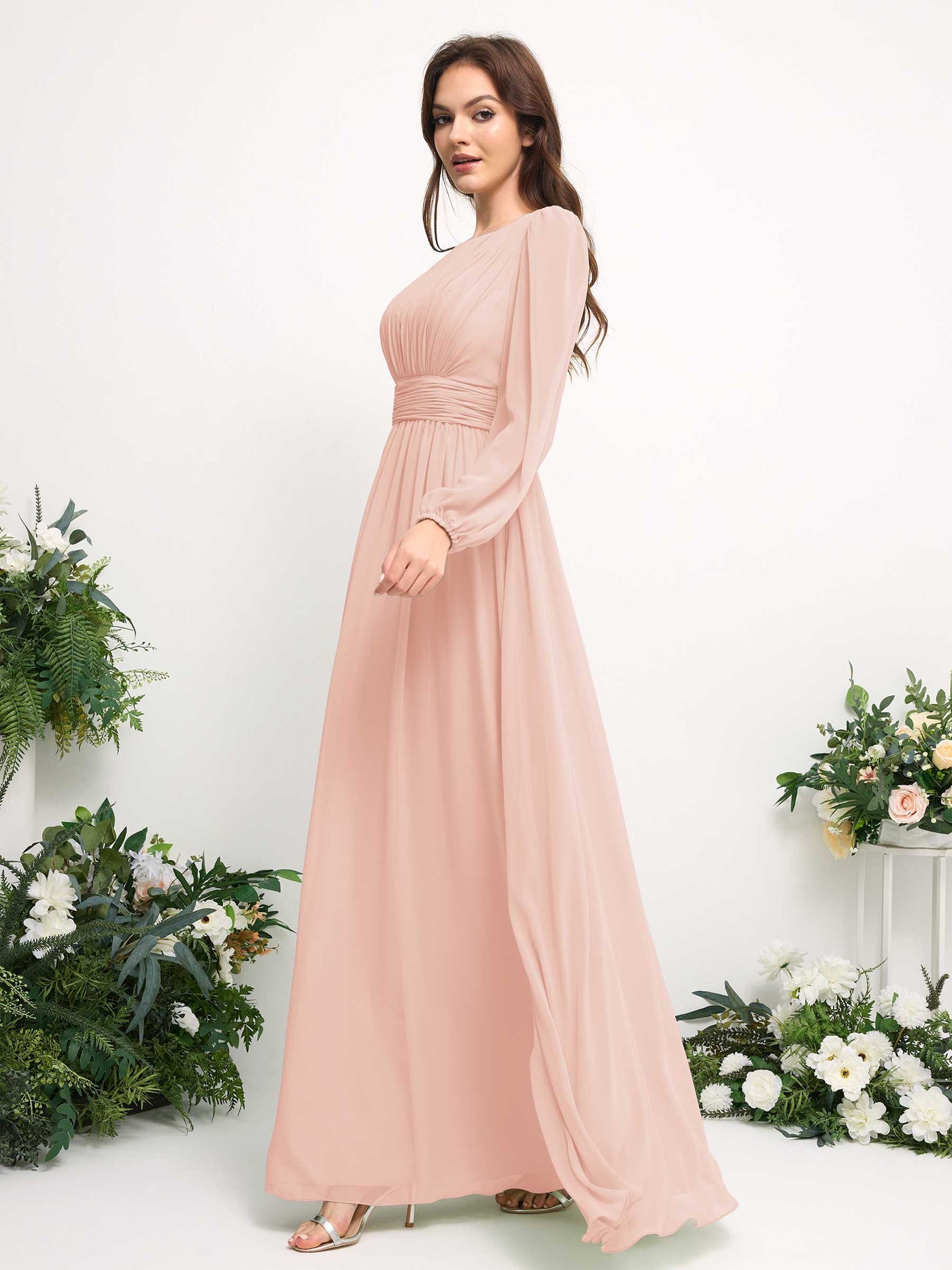 Carlyna A-Linien-Kleid mit U-Boot-Ausschnitt Chiffon Langarmkleid für Brautjungfer Perlrosa #farbe_perlrosa
