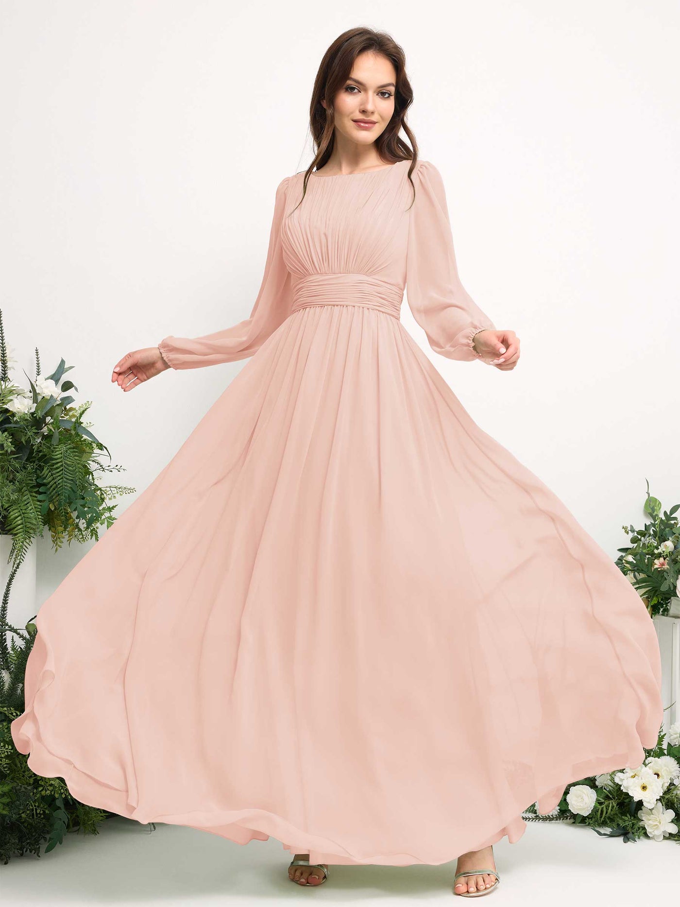 Carlyna A-Linien-Kleid mit U-Boot-Ausschnitt Chiffon Langarmkleid für Brautjungfer Perlrosa #farbe_perlrosa