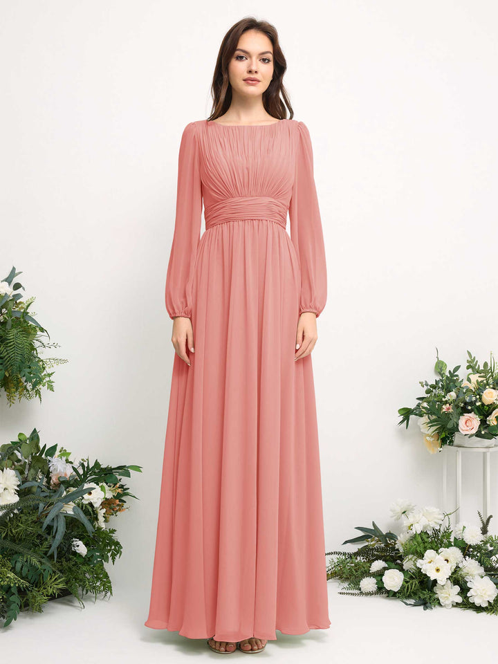 Carlyna A-Linien-Kleid mit U-Boot-Ausschnitt Chiffon Langarmkleid für Brautjungfer Pfirsichrosa 