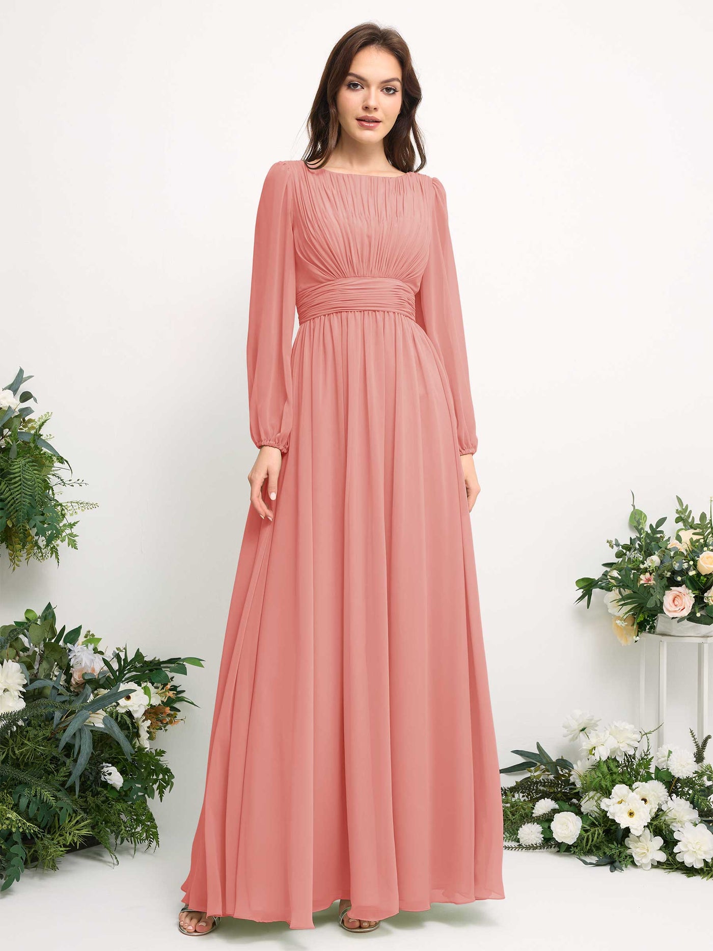 Carlyna A-Linien-Kleid mit U-Boot-Ausschnitt Chiffon Langarmkleid für Brautjungfer Pfirsichrosa #farbe_pfirsichrosa