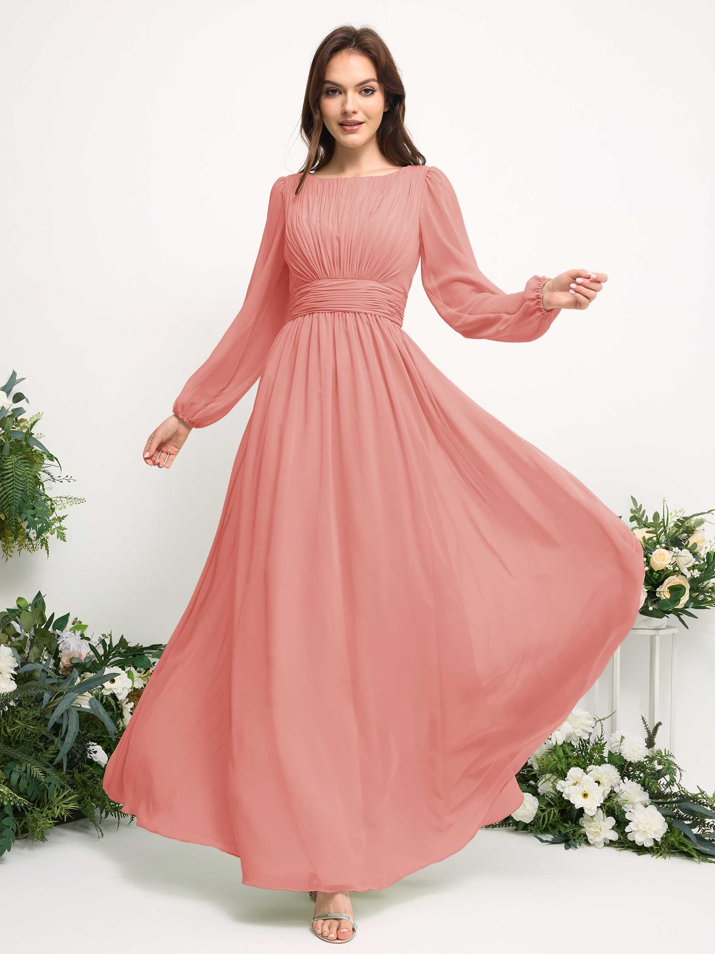 Carlyna A-Linien-Kleid mit U-Boot-Ausschnitt Chiffon Langarmkleid für Brautjungfer Pfirsichrosa #farbe_pfirsichrosa