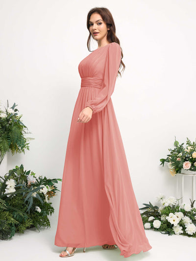 Carlyna A-Linien-Kleid mit U-Boot-Ausschnitt Chiffon Langarmkleid für Brautjungfer Pfirsichrosa #farbe_pfirsichrosa