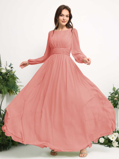 Carlyna A-Linien-Kleid mit U-Boot-Ausschnitt Chiffon Langarmkleid für Brautjungfer Pfirsichrosa #farbe_pfirsichrosa