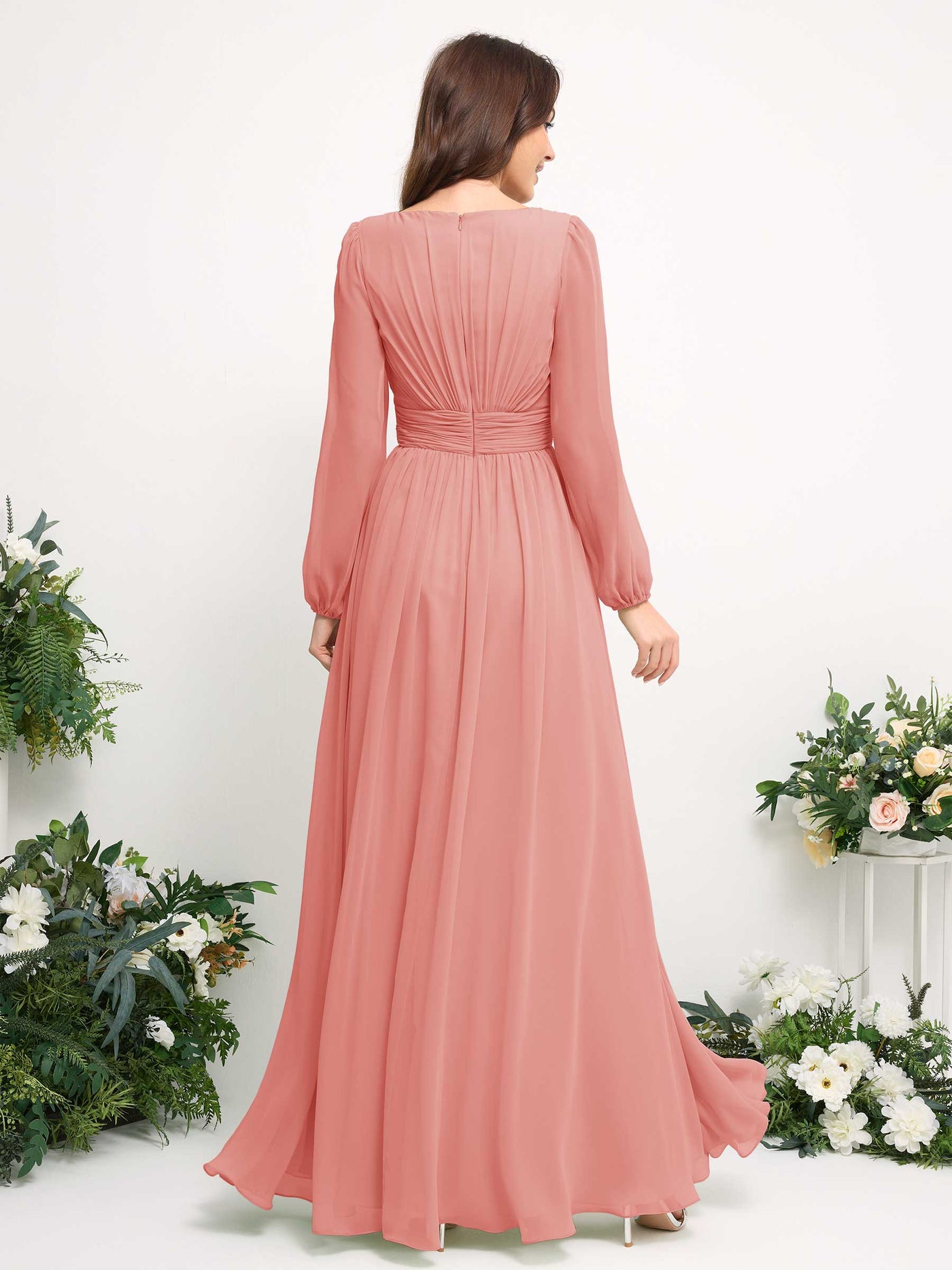 Carlyna A-Linien-Kleid mit U-Boot-Ausschnitt Chiffon Langarmkleid für Brautjungfer Pfirsichrosa #farbe_pfirsichrosa