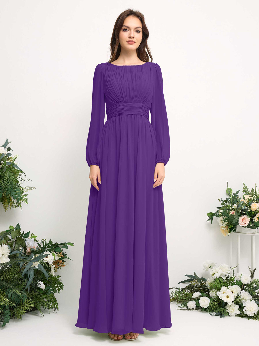 Carlyna A-Linien-Kleid mit U-Boot-Ausschnitt Chiffon Langarmkleid für Brautjungfer Regency 