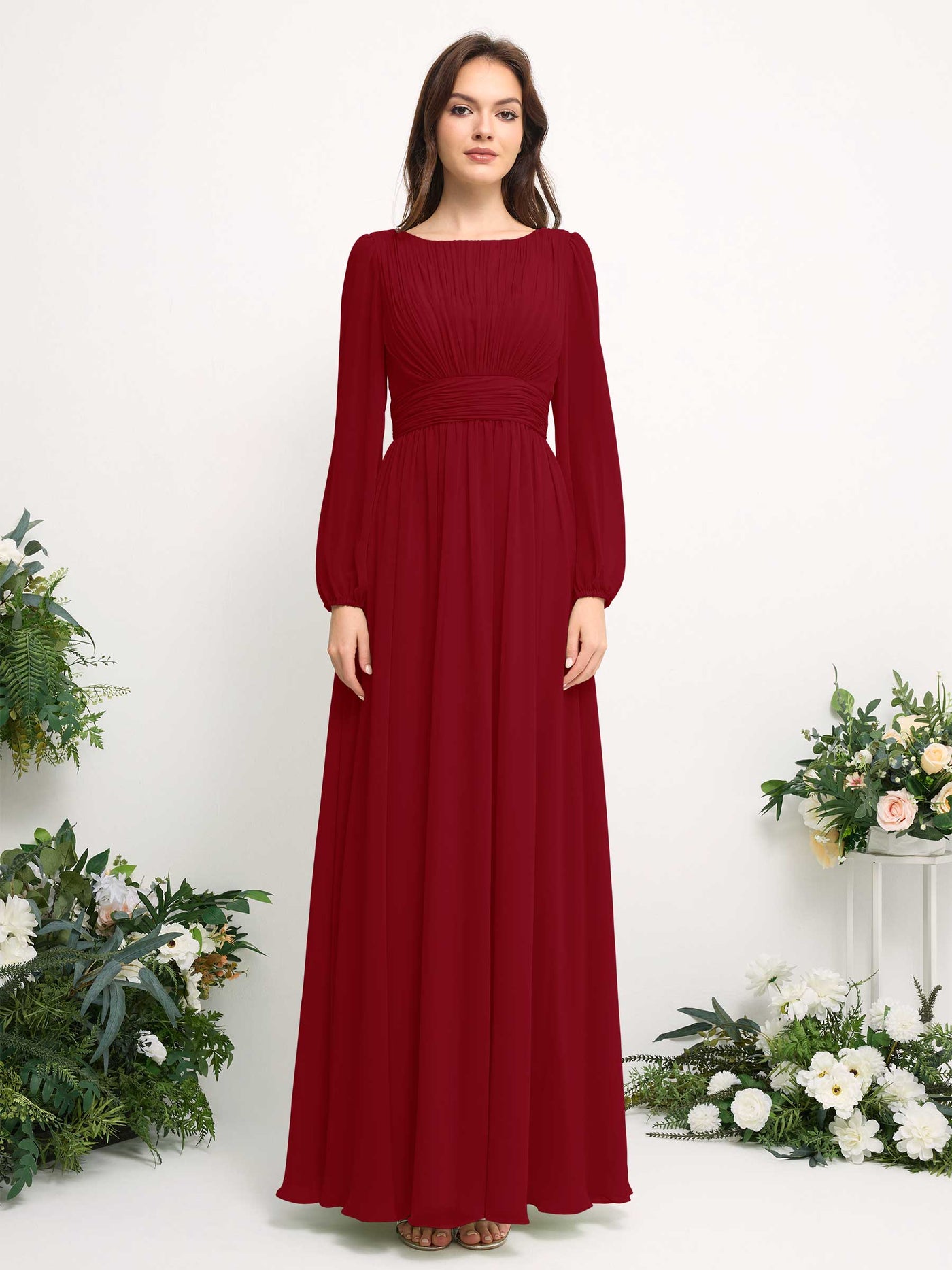 Carlyna A-Linien-Kleid mit U-Boot-Ausschnitt Chiffon Langarmkleid für Brautjungfer Rostrot #farbe_rostrot