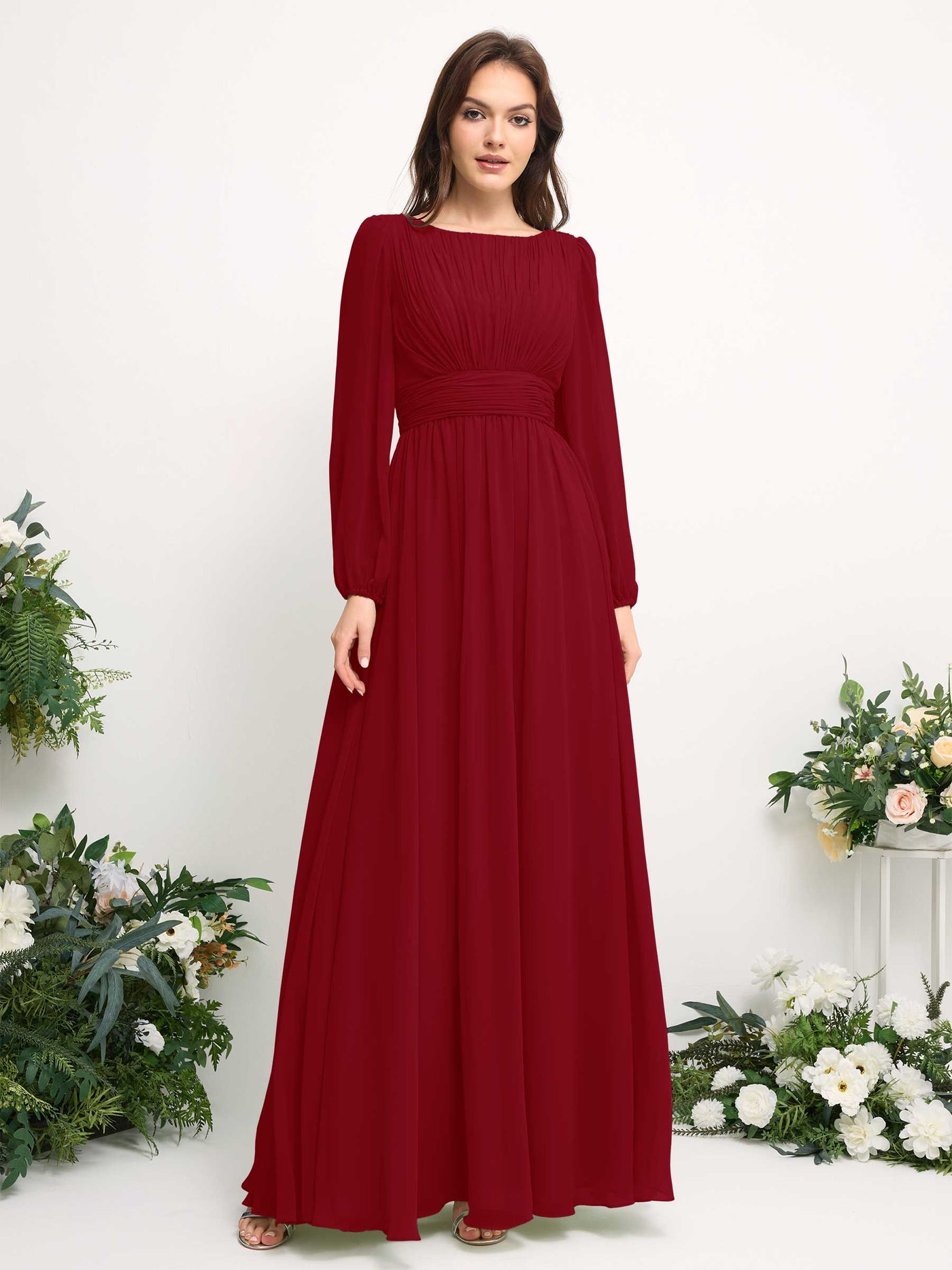 Carlyna A-Linien-Kleid mit U-Boot-Ausschnitt Chiffon Langarmkleid für Brautjungfer Rostrot #farbe_rostrot