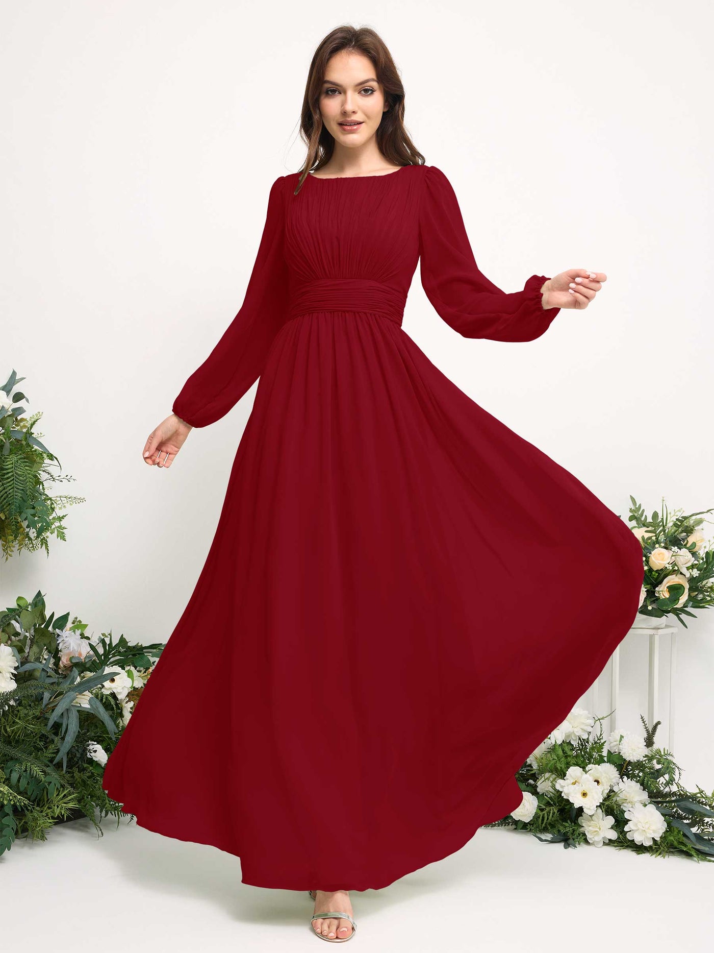 Carlyna A-Linien-Kleid mit U-Boot-Ausschnitt Chiffon Langarmkleid für Brautjungfer Rostrot #farbe_rostrot