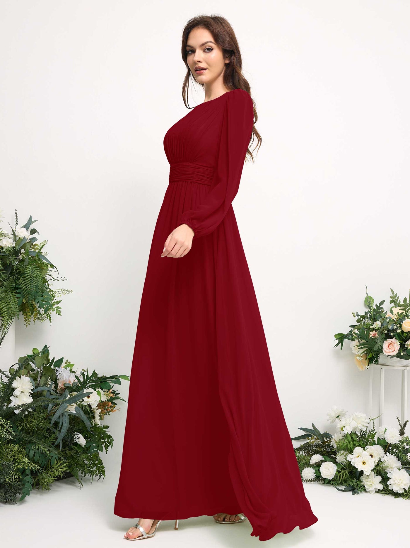Carlyna A-Linien-Kleid mit U-Boot-Ausschnitt Chiffon Langarmkleid für Brautjungfer Rostrot #farbe_rostrot