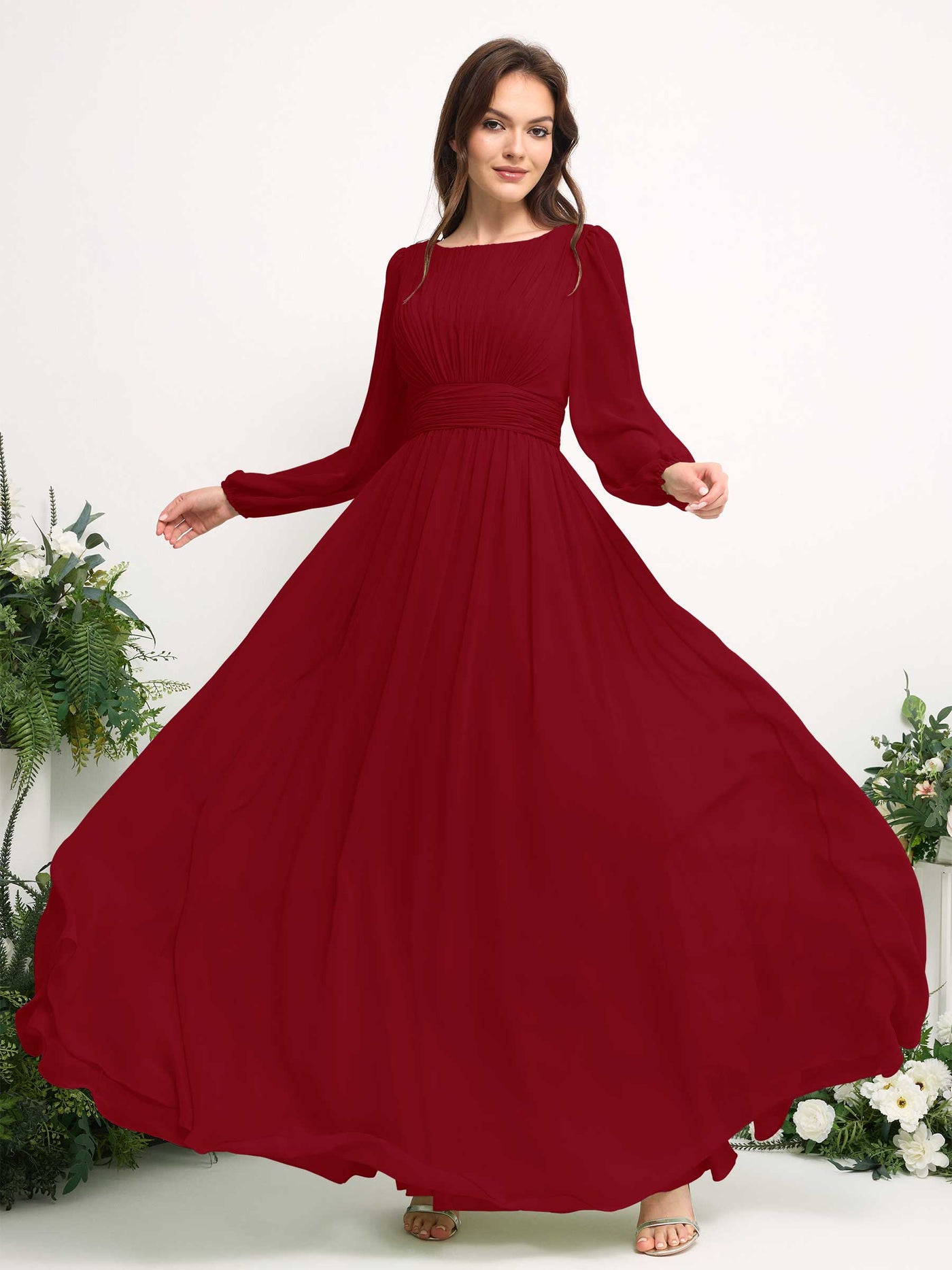 Carlyna A-Linien-Kleid mit U-Boot-Ausschnitt Chiffon Langarmkleid für Brautjungfer Rostrot #farbe_rostrot