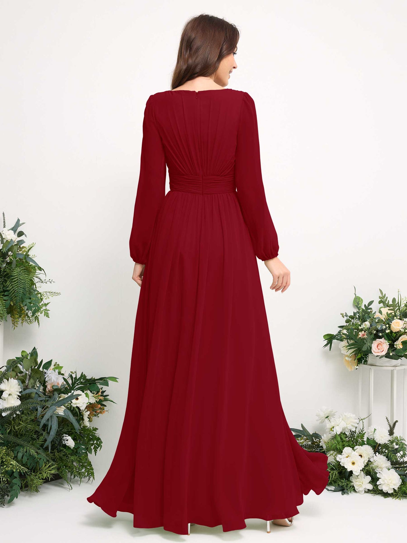 Carlyna A-Linien-Kleid mit U-Boot-Ausschnitt Chiffon Langarmkleid für Brautjungfer Rostrot #farbe_rostrot