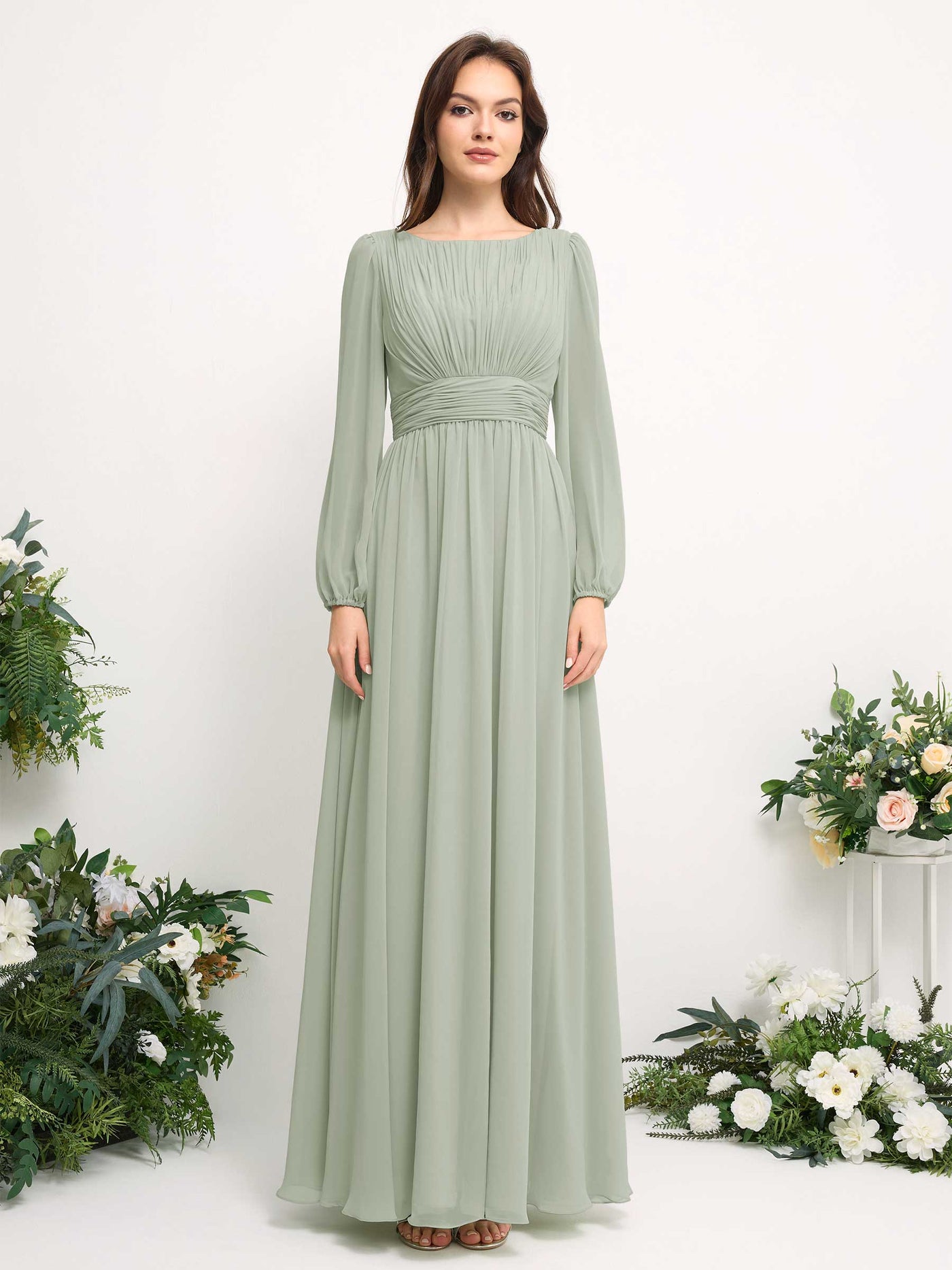 Carlyna A-Linien-Kleid mit U-Boot-Ausschnitt Chiffon Langarmkleid für Brautjungfer Salbeigrün #farbe_salbeigr-n