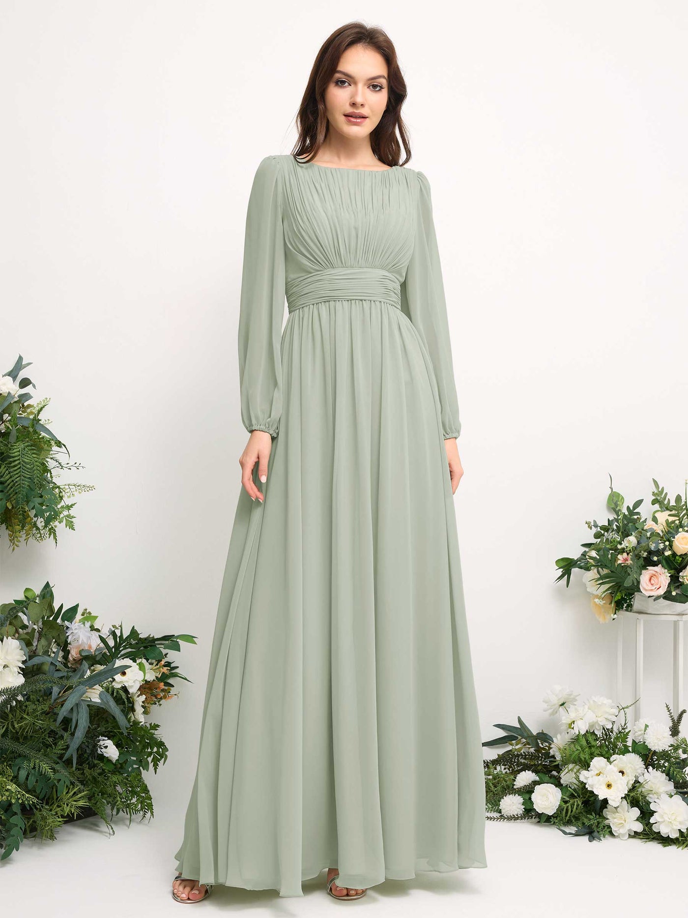 Carlyna A-Linien-Kleid mit U-Boot-Ausschnitt Chiffon Langarmkleid für Brautjungfer Salbeigrün #farbe_salbeigr-n