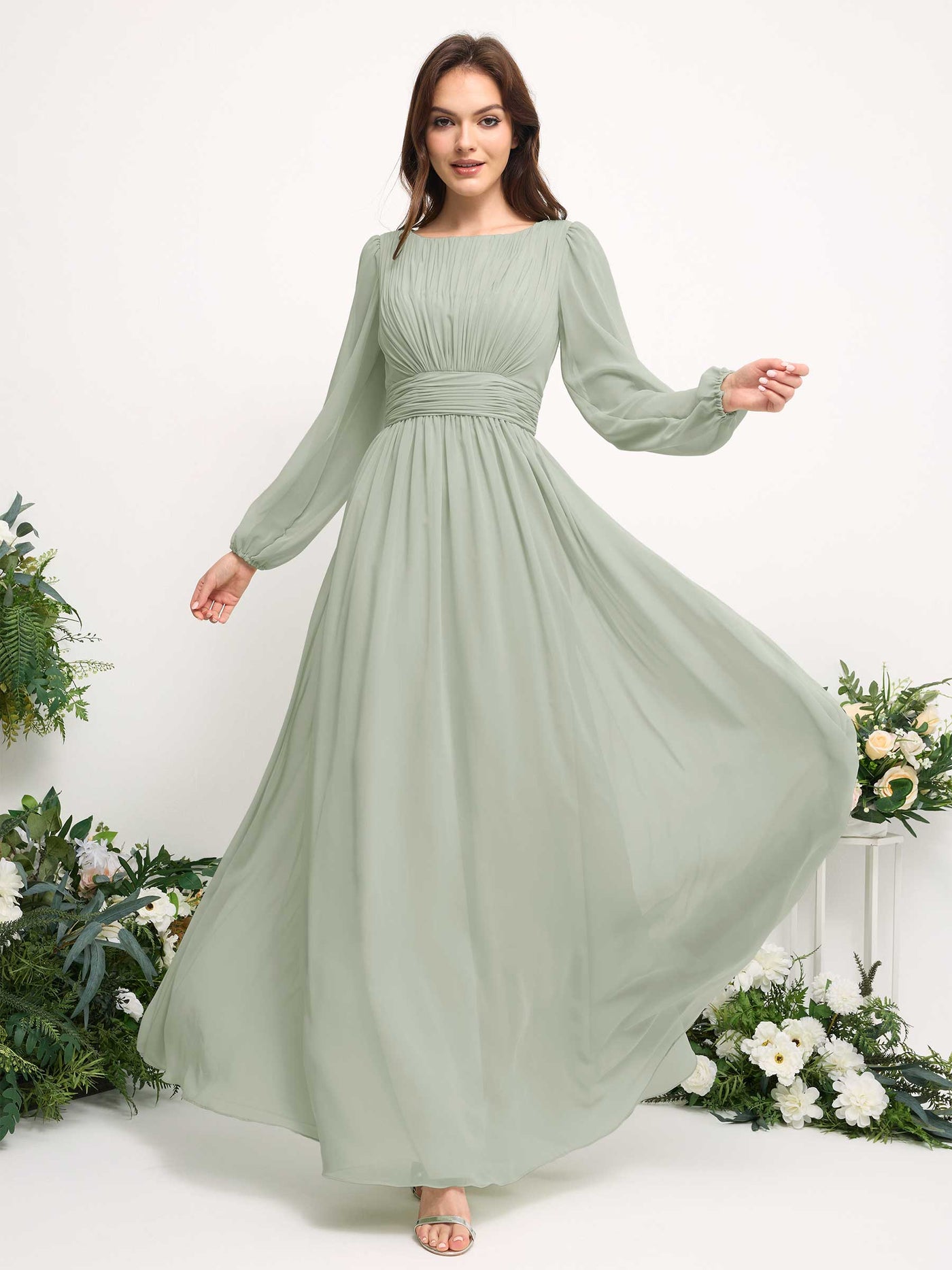 Carlyna A-Linien-Kleid mit U-Boot-Ausschnitt Chiffon Langarmkleid für Brautjungfer Salbeigrün #farbe_salbeigr-n
