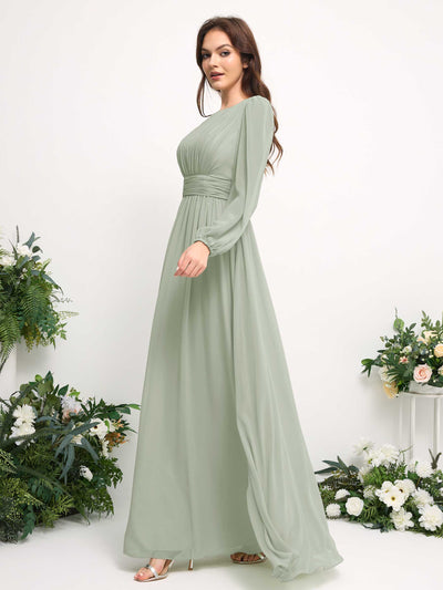 Carlyna A-Linien-Kleid mit U-Boot-Ausschnitt Chiffon Langarmkleid für Brautjungfer Salbeigrün #farbe_salbeigr-n