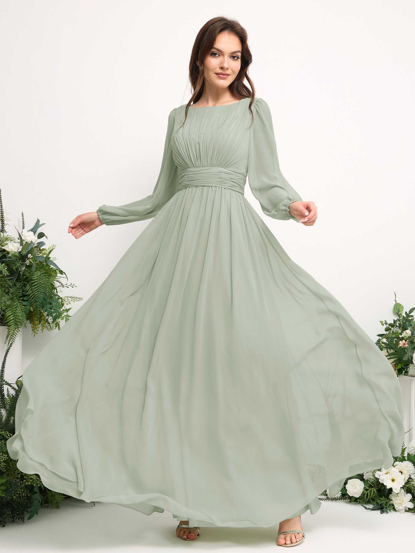 Carlyna A-Linien-Kleid mit U-Boot-Ausschnitt Chiffon Langarmkleid für Brautjungfer Salbeigrün #farbe_salbeigr-n