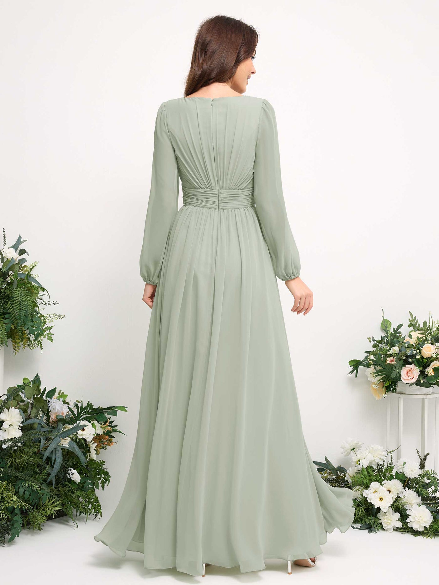 Carlyna A-Linien-Kleid mit U-Boot-Ausschnitt Chiffon Langarmkleid für Brautjungfer Salbeigrün #farbe_salbeigr-n